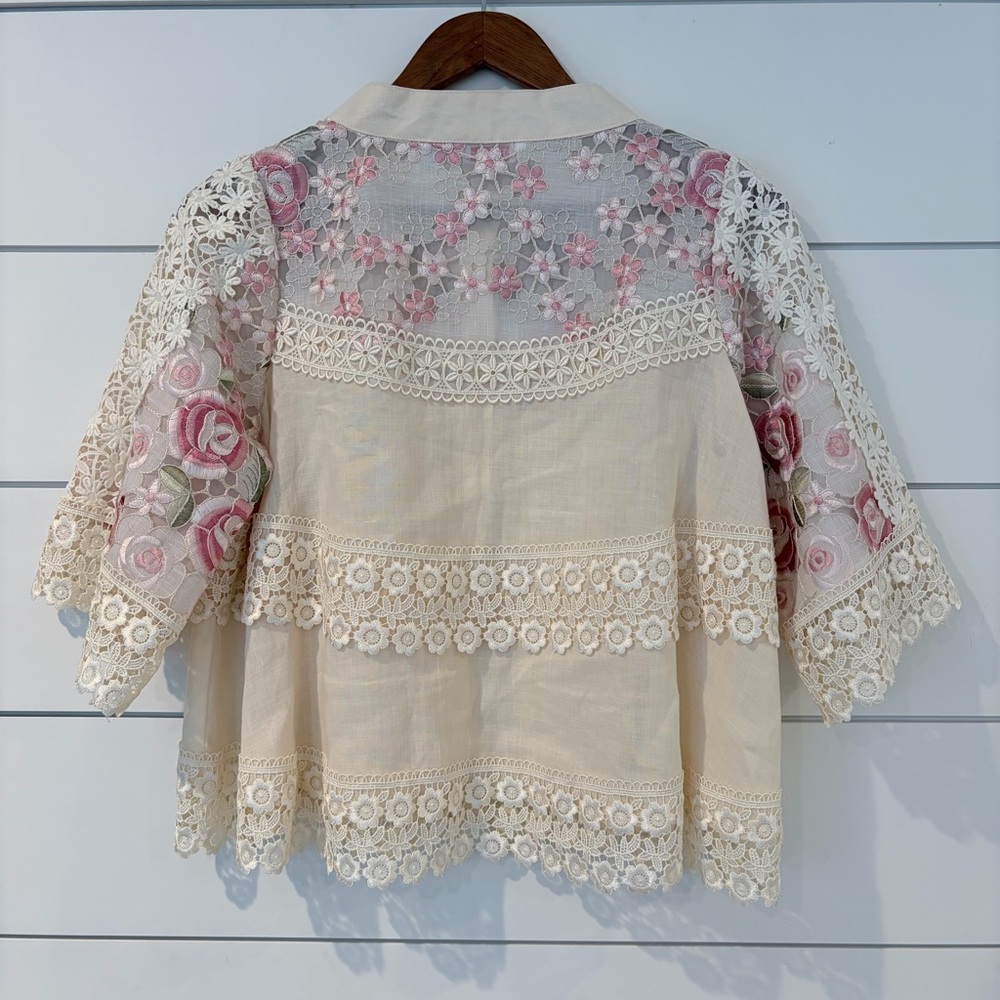 Vintage Lace Floral Blouse Fairycore Romantic Sheer Pink Roses S Coquette - Picture 3 of 5